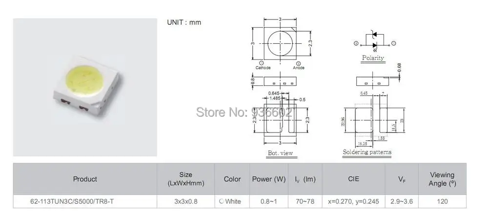 EVERLIGHT светодиодный подсветка 0,8-1 W 3030 3V холодный белый 70-78LM ТВ применение 62-113TUN2C/S5000-00F/TR8-T