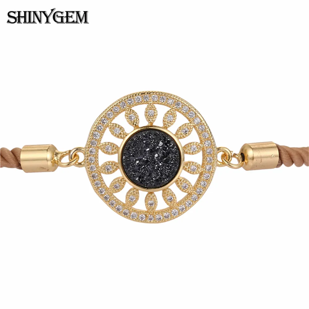 ShinyGem 24 К золото Для мужчин браслет проложить Установка AA+ циркон инкрустированные круглый кристалл Druzy Кабошон Винтаж искусственная кожа Braid браслет Для мужчин - Окраска металла: Black