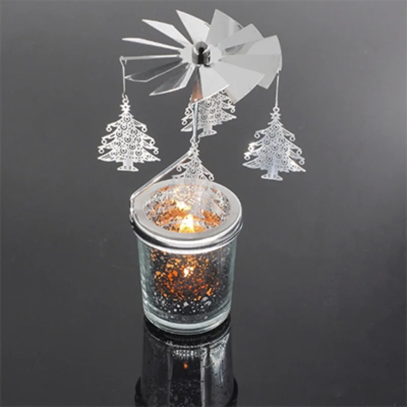 Winter cedar-Silver Home Christmas Decoration New Romantic Rotary Spinning Tealight Candle Metal Tea Light Holder Carousel - Цвет: Winter cedar-Silver