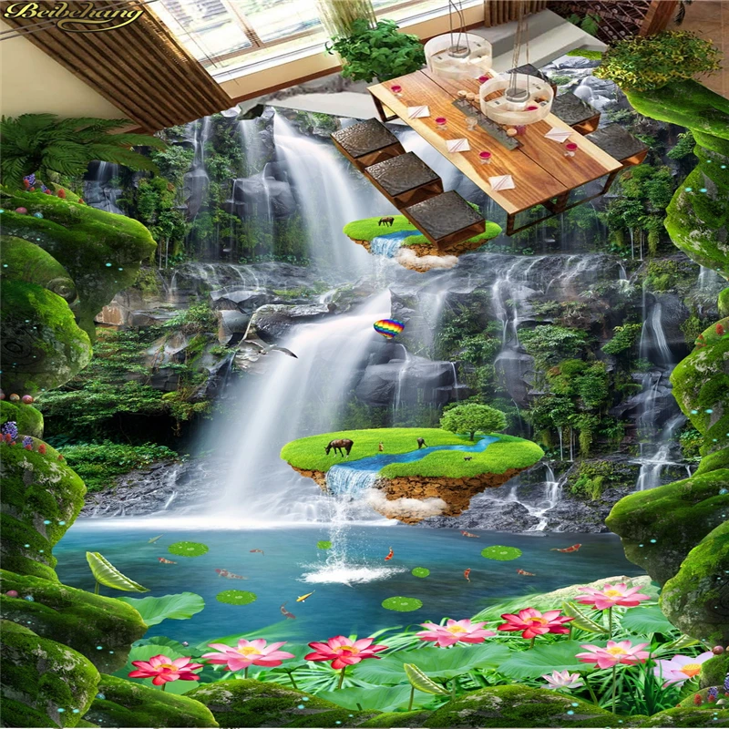 Фотообои beibehang на заказ картина для пола тройка газон скала водопад маленький