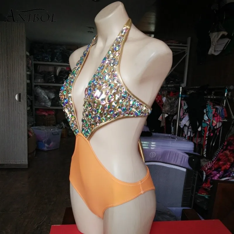 Женский слитный купальник Anibol сексуальный с высокой талией стразами и открытой