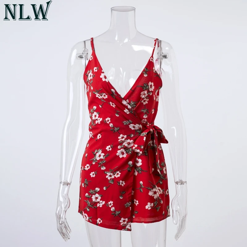 NLW Red Floral Print Romper Summer Wrap Overalls Short Jumpsuit Women Girl Bodysuit Coveralls Beach Backless Party Chic Playsuit | Женская