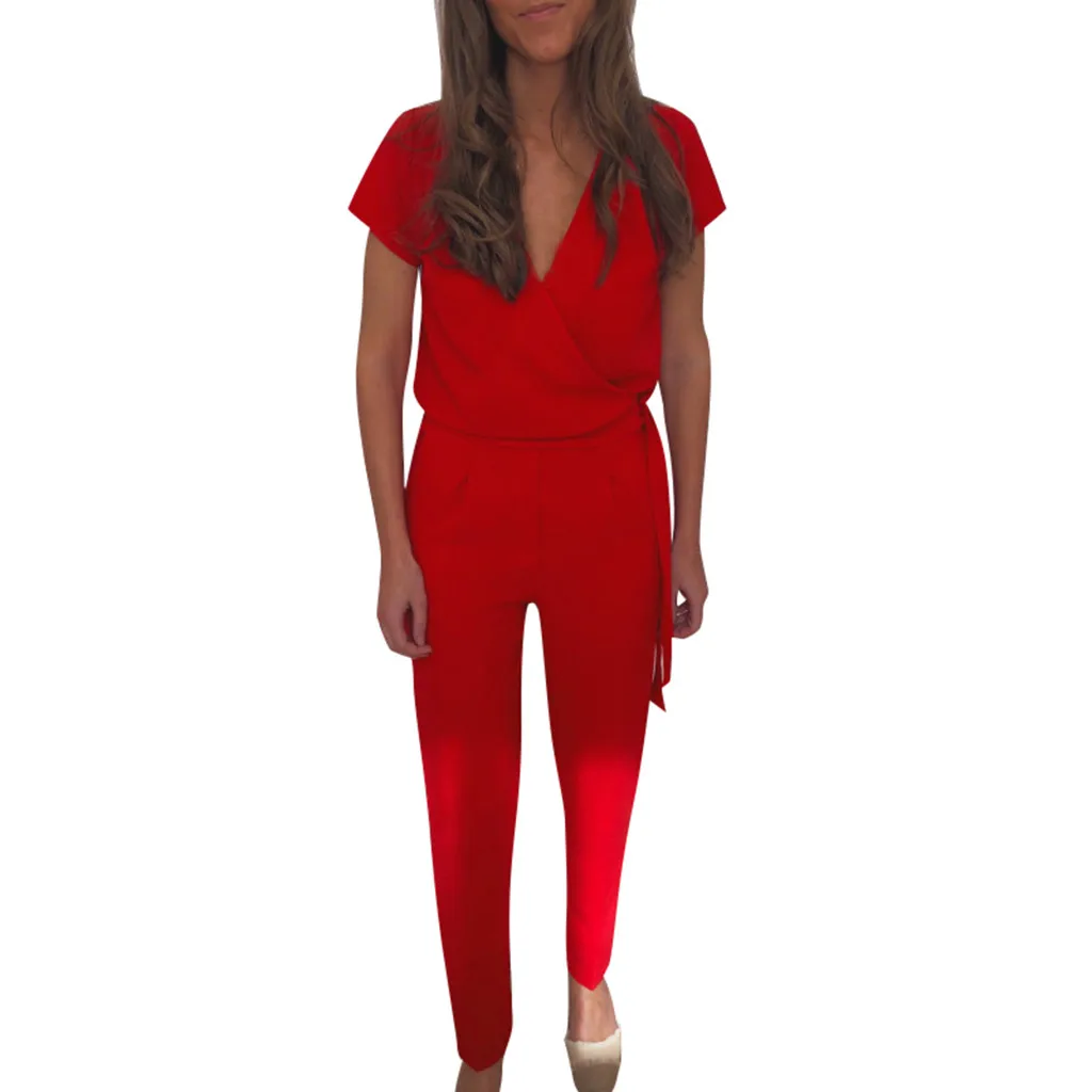 Однотонные женские комбинезоны с коротким рукавом Длинные красные комбинезон