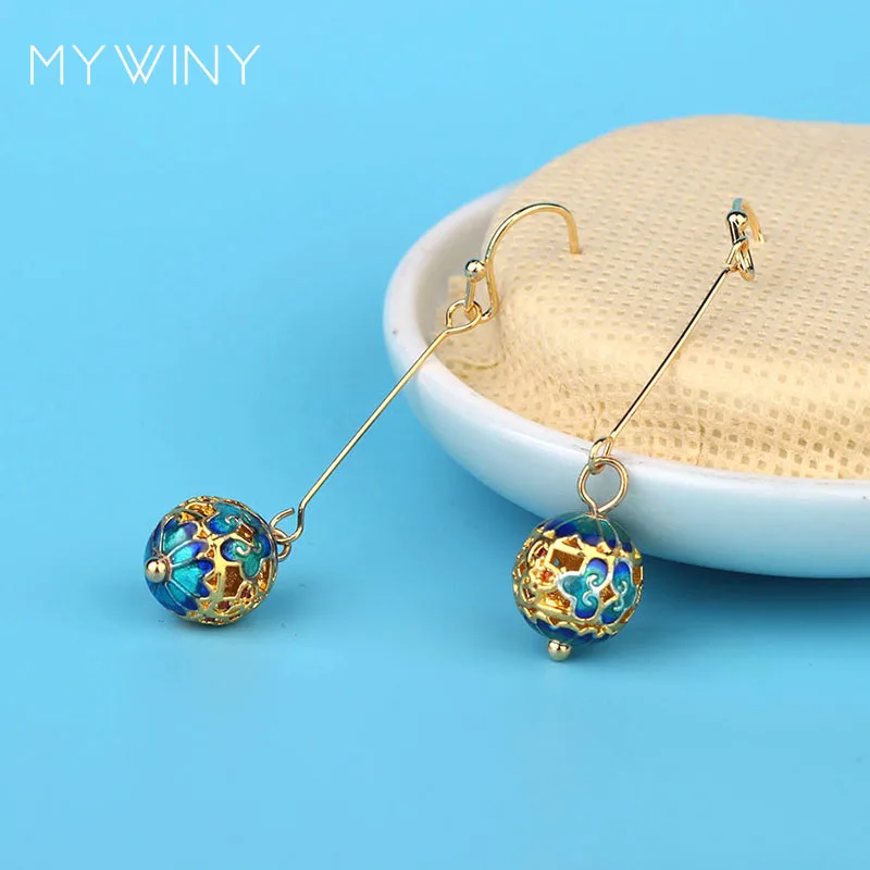MYWINY Новые Медные металлические сетчатые шарики модные ювелирные изделия длинные серьги, ручной работы полые Эмалевые Серьги