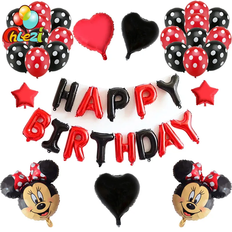 Red Minnie 40 шт./лот Минни Микки Маус голова фольги шары красный черный день рождения письмо вечерние украшения 12 дюймов, в горошек шары из латекса baby shower - Цвет: Red Minnie