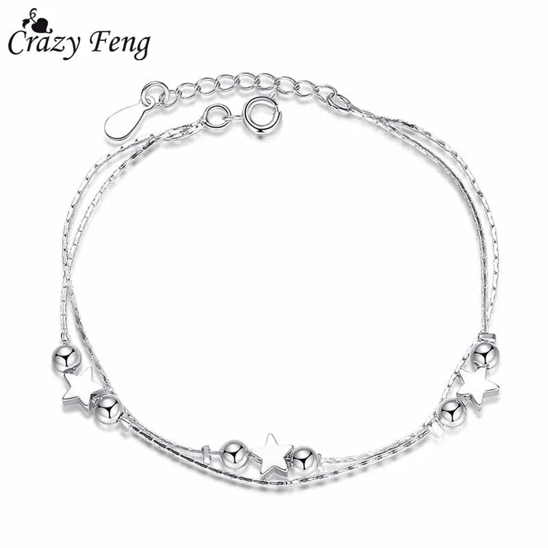 Crazy Feng Classic Silver Color Ocean Star Round Ball Bracelet and Bangles Mujer Jewelry Heart Pendant Link Chain Gifts | Украшения и