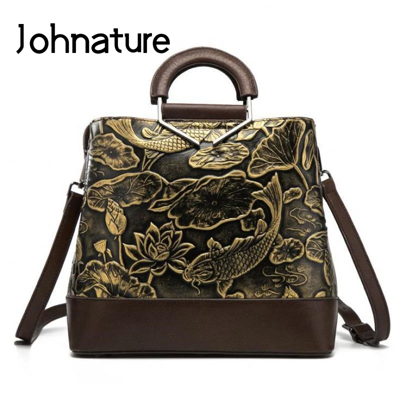 Женская сумка ручной работы Johnature из натуральной воловьей кожи с тиснением