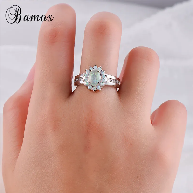 Bamos Boho белое овальное кольцо с огненным опалом Трендовое Радужное цветком для женщин серебряный цвет