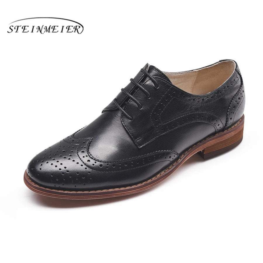 Genuine sheepskin leather brogue shoes yinzo lady flats vintage handmade winter oxford for women black grey brown | Обувь