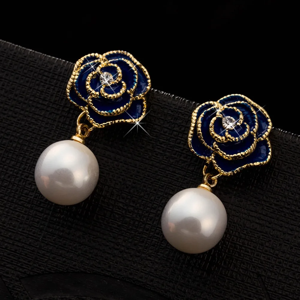 Luxurious Rhinestones Blue Rose Flower White Pearl Women Drop Earrings for Wedding Engagement Jewelry A1285 | Украшения и