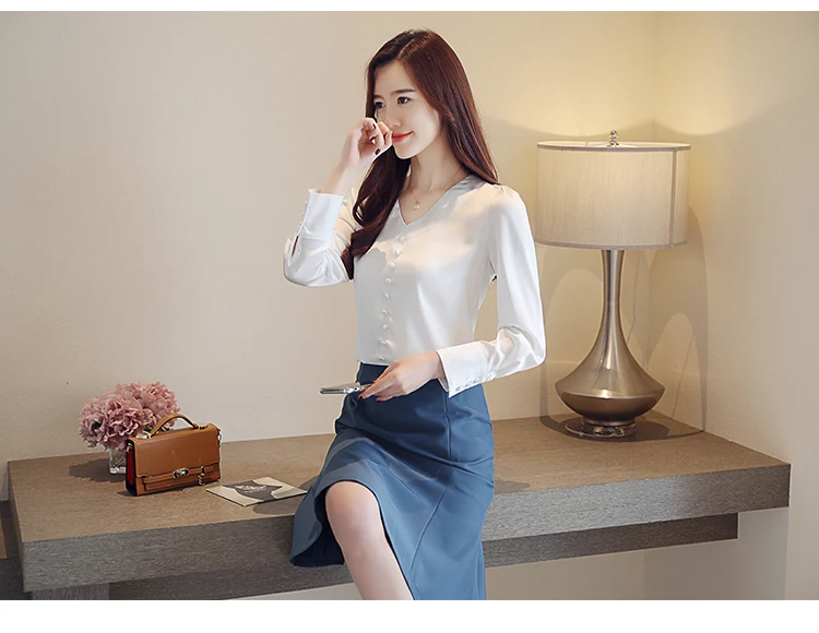 blusas mujer de moda womens tops and blouses women blouses Chiffon Office Lady Full Solid V-Neck tops 1761 50