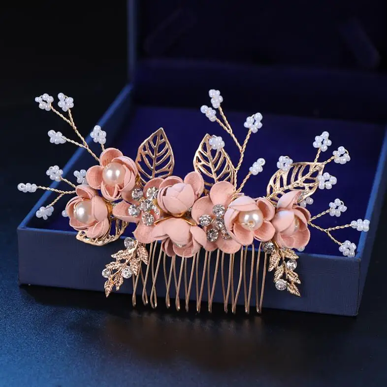 Big Hair Comb KMVEXO Модный розовый цветок заколки для волос, расшитые стразами и жемчугом расчески для волос Выходные туфли на выпускной бал свадебные аксессуары для волос, золотистый листья украшения для волос - Окраска металла: Big Hair Comb