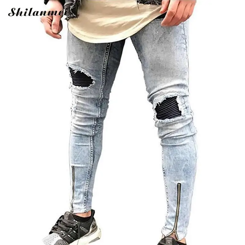 2018 Для мужчин джинсы Дизайн Slim Fit рваные байкерские Привет-улица s Distressed Denim Joggers