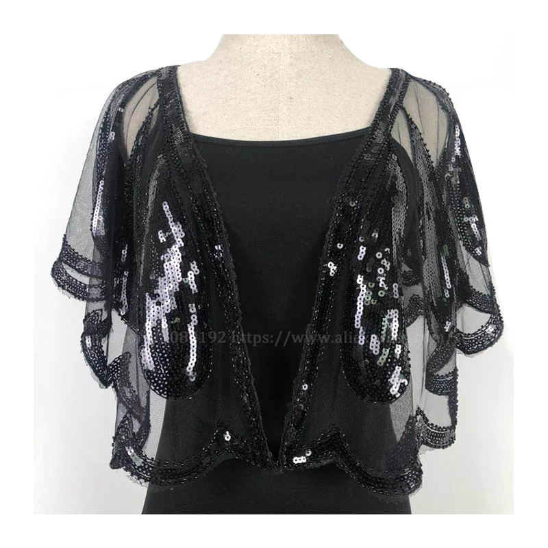 Black Shawl Женская свадебная шаль 1920 s, накидка с блестками и бисером, вечерняя накидка, свадебная шаль, болеро, накидка, Солнцезащитная накидка, золотистый/черный цвет - Цвет: Black Shawl