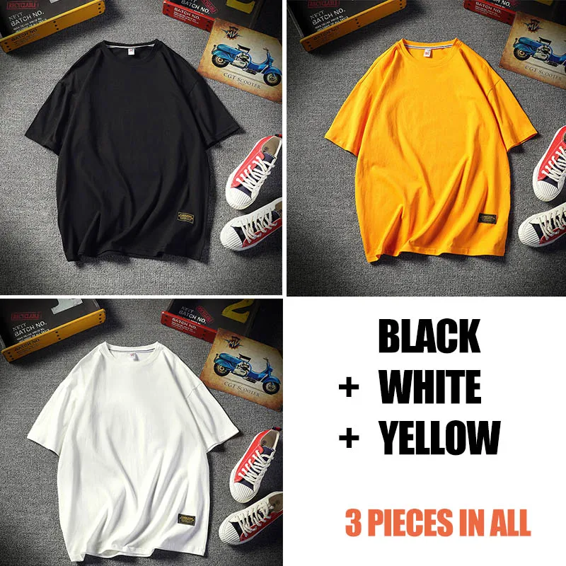 Black-White-Yellow Распродажа, набор из 3 повседневных футболок, мужская одежда, летняя уличная футболка большого размера с коротким рукавом, простая белая футболка BD105 - Цвет: Black-White-Yellow