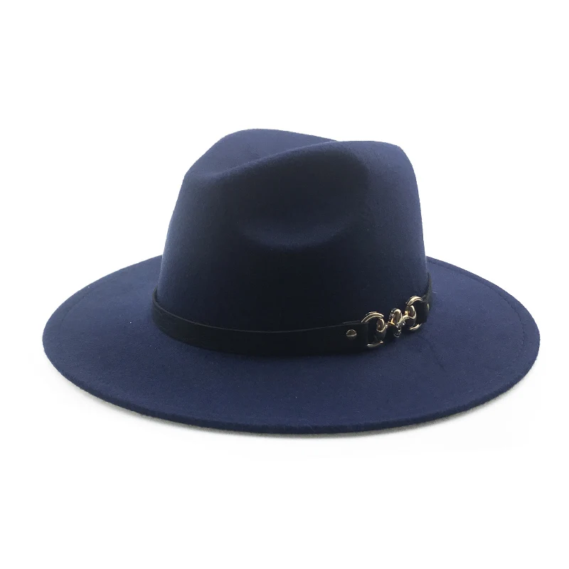 Navy Vintage Panama YY металлический пояс с черепом, фетровая Кепка для мужчин, зимние винтажные Трилби шапки для женщин, теплая фетровая Кепка с широкими полями, джазовые Панамы, 9 цветов 18126 - Цвет: Navy Vintage Panama