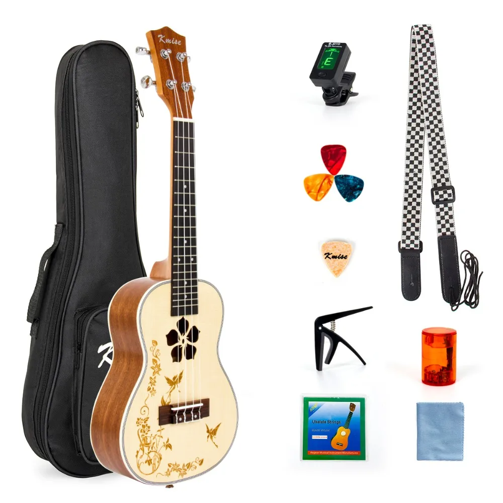 Kit com Bolsa de Show Kmise Concerto Ukulele Sólido Abeto Ukelele 23 Polegada Iniciante Correia Tuner String Picaretas Capo Areia Abanador