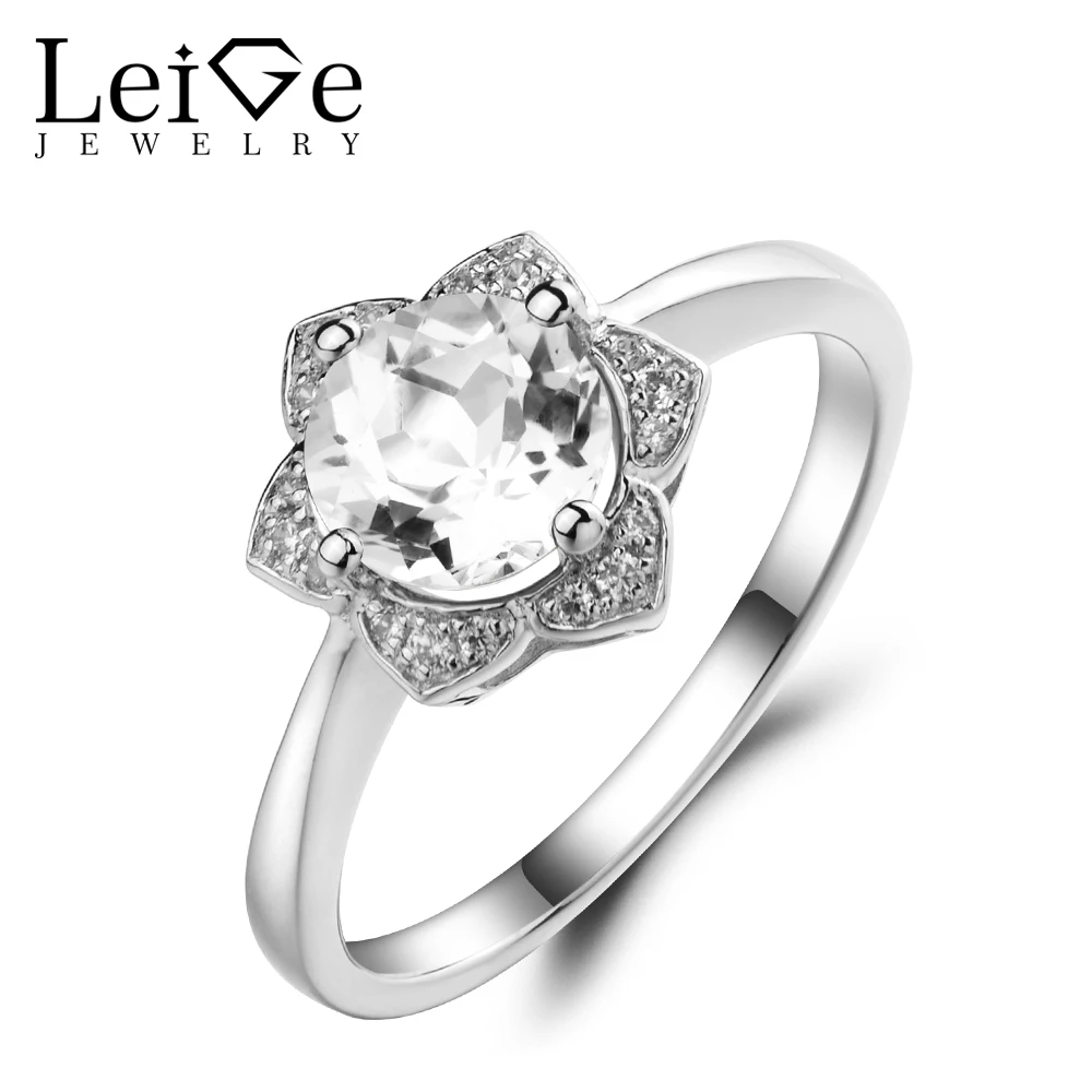 

Leige Jewelry Natural White Topaz Engagement Wedding Rings 925 Sterling Silver Ring Round Cut Gemstone November Birthstone Rings