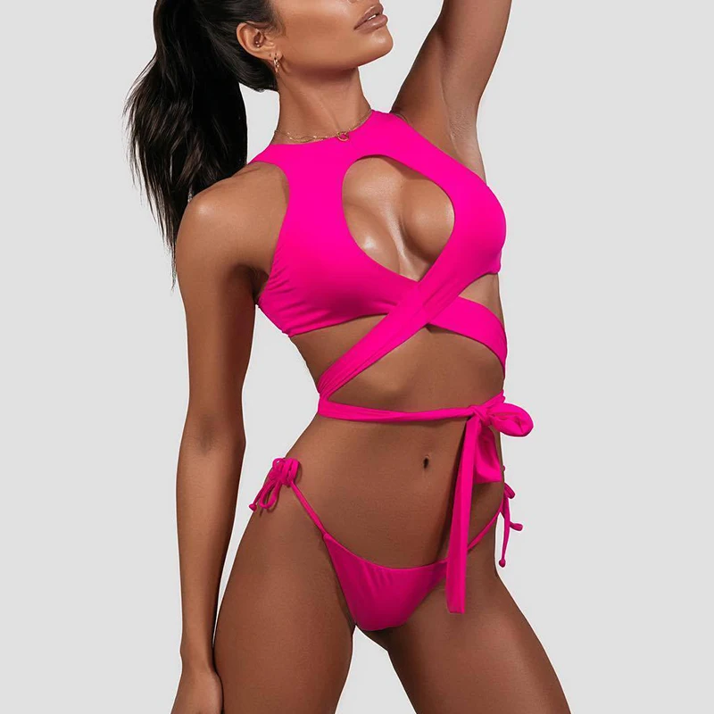 Бикини Bikinx неоново зеленый купальник с перекрестными ремешками сексуальный