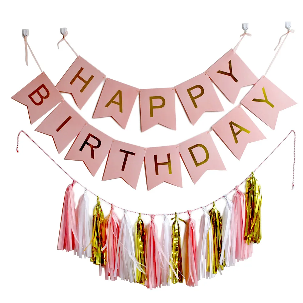Party Garland with Pack 15 tissue paper Tassels Pink/White/Mint Colors Happy Birthday Bunting Banner Gold Letters | Дом и сад