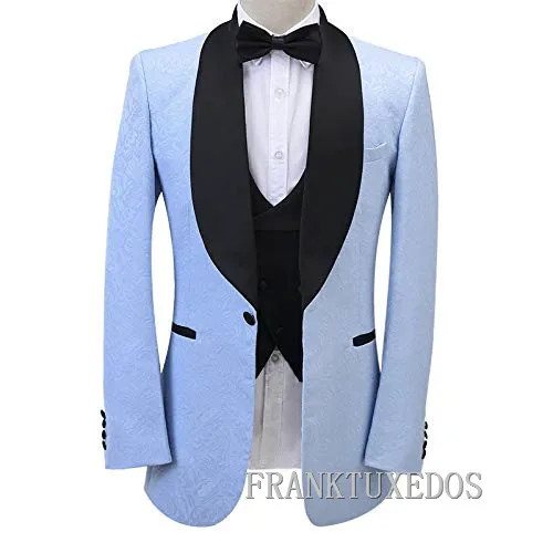 Sky Blue Mens Suits Slim Fit 3 Pieces Groomsmen Wedding Tuxedos For Men Jacquard Blazer with Black Lapel