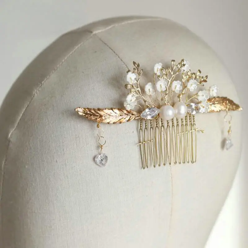 Greek Style Zircon Pearl Flower Comb Bridal Wedding headdress Golden Leaves Hair Accessories For Women | Украшения и аксессуары