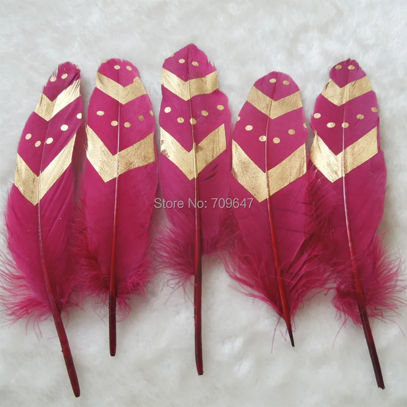 

50Pcs/lot!15-20cm-Wine Red Goose Satinettes Feathers with Double Gold Arrow&Dot Painting-Perfect for Earrings,Bridal Table