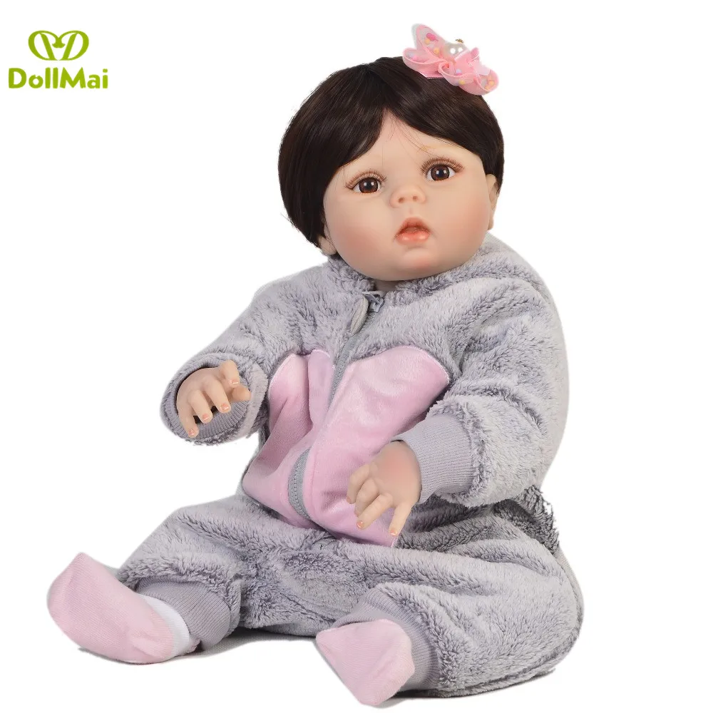 

Bebe reborn Menina boneca 23" 57cm full silicone reborn baby dolls brown wig can bathe flexible children doll toys gift