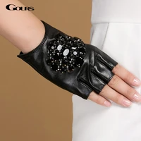 gours winter genuine leather gloves women fashion brand black stone driving fingerless gloves ladies goatskin mittens gsl040