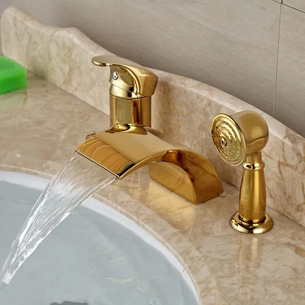Widespread Golden Brass Waterfall Bathroom Tub Faucet 3 pcs Mixer Tap Shower | Обустройство дома