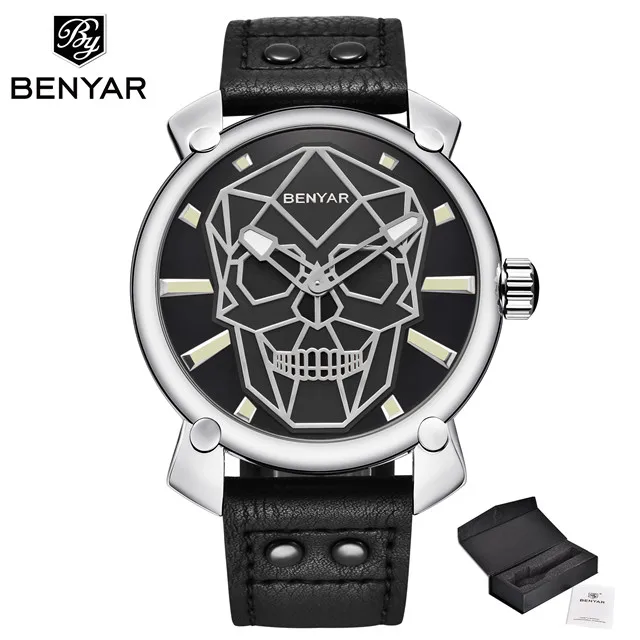 silver black Benyar Роскошные Лидирующий бренд мужские модные креативные часы с черепом бизнес военные часы кожаные кварцевые мужские наручные часы Relogio Masculino - Цвет: silver black