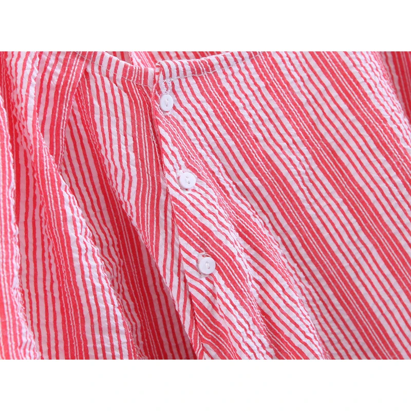 PERHAPS U women o neck red white striped lantern sleeve three quarter button high street loose blouse shirt B0049 |