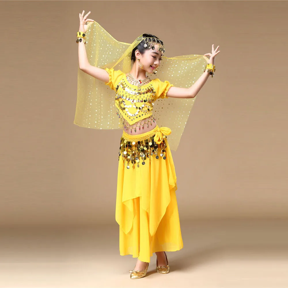 Baby Boys Summer Clothes Set Cotton Kids' Girls Belly Dance Outfit Costume India Top+Skirt Yellow F419 | Детская одежда и