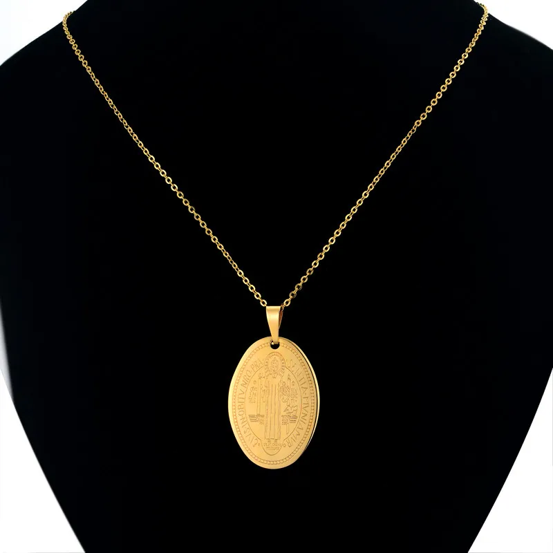 Religious Round Saint Benedict Shape Pendant Necklace For Women 3 Sizes Gold Color Chain Dad's Jewelry Gift | Украшения и