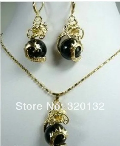 FREE SHIPPING>>@> color ! Charming Black Jade Dragon Pendant Necklace Earring set 18K white gold plated Jewellery free shipping |