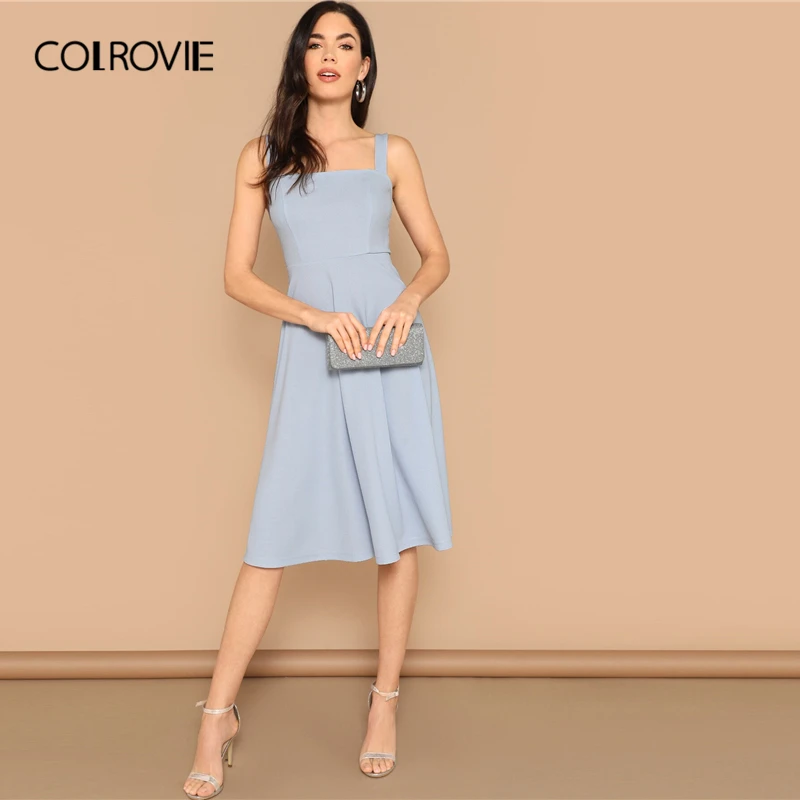 COLROVIE, синее однотонное элегантное женское платье на бретелях с молнией сзади и расклешенной юбкой,, летнее расклешенное платье миди, сарафан для офиса, женские платья