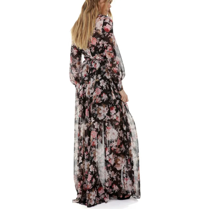 Женское длинное платье с v образным вырезом и цветочным принтом|Женские платья| |