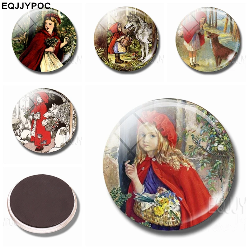 

Little Red Riding Hood 30MM Fridge Magnets Kind Girl Fairy Tale Glass Magnetic Refrigerator Stickers Note Holder Cute Home Decor