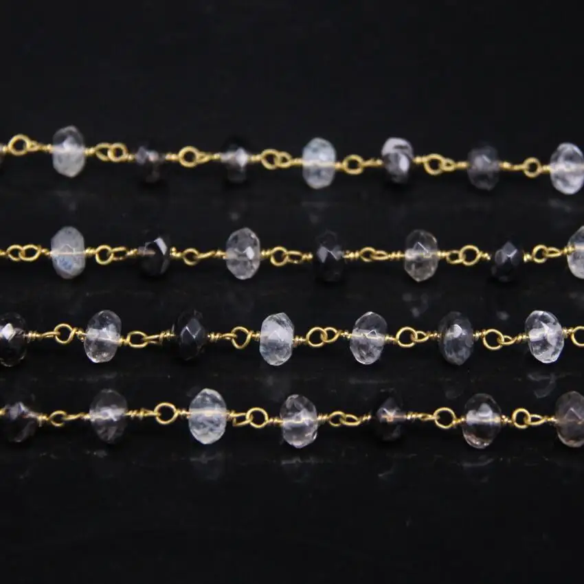 

5Meter,5x8mm Smoky Clear Crystals Rosary Chain,Natural Raw Quartzs Faceted Rondelle Brass Wire Wrapped Chain Necklace