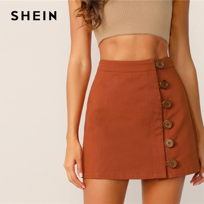 SHEIN юбка с пуговицами спереди, корейский стиль, коричневая, высокая талия, трапециевидная юбка,, весна-лето, Женская мини-юбка
