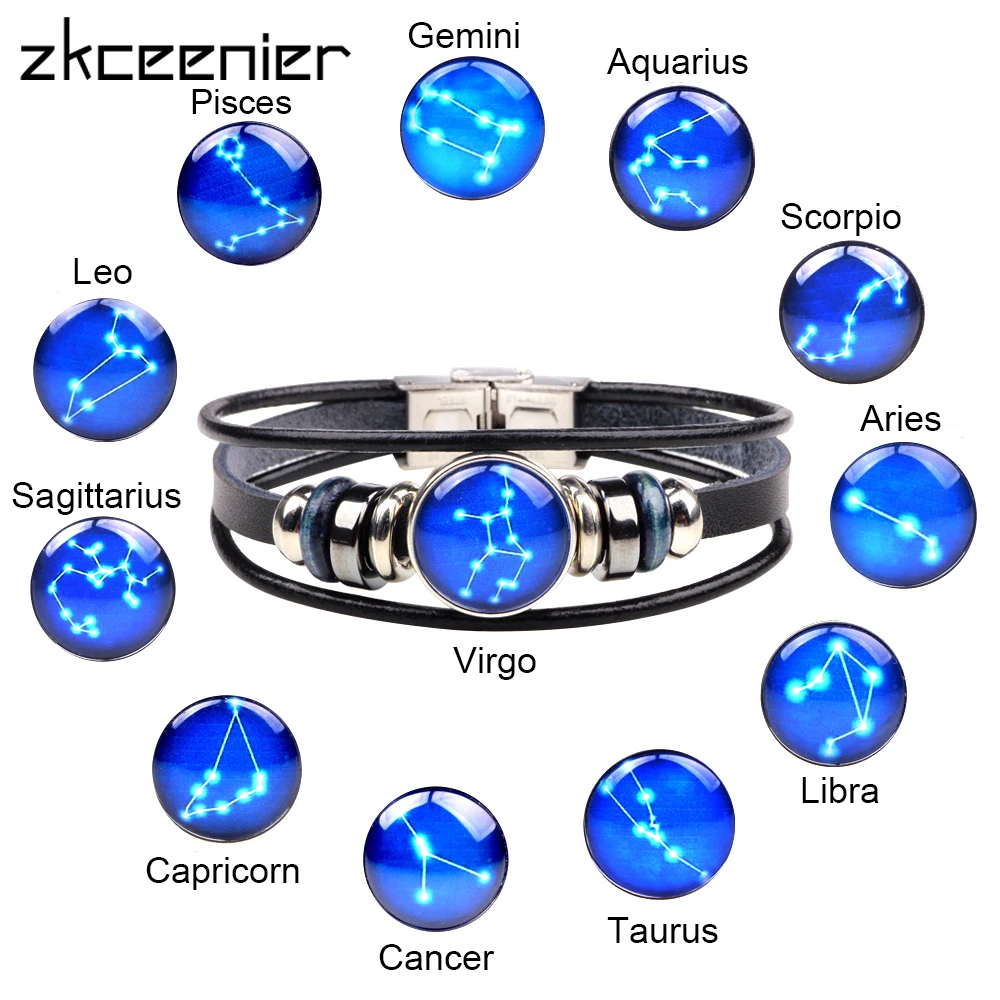 New Genuine Leather Handmade Twelve Constellations Couple Bracelet for Women Men Jewelry Gifts | Украшения и аксессуары