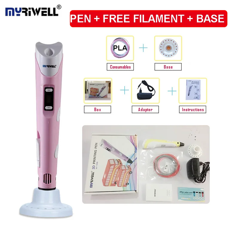 MYRIWELL RP-100B 3D Ручка с множеством оттенков, нетоксичный пластик, с 1,75 мм PLA нити(Multi-Color200M)+ 20 листов шаблон для рисования, низкий нагрев - color: sigle pen pink