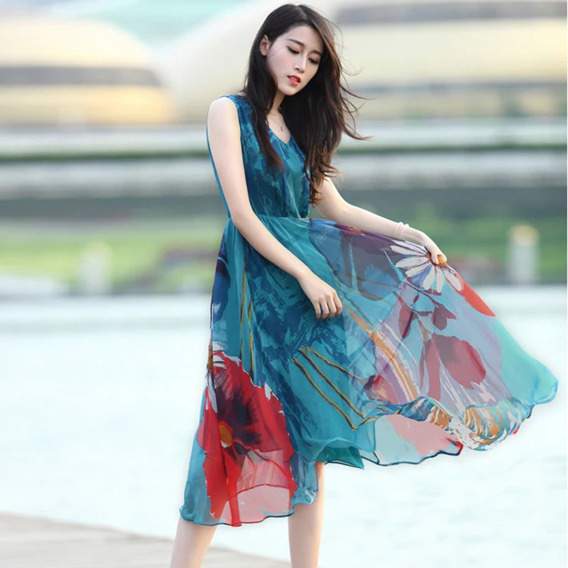 2019 new Bohemia beach Dress Suitable for any occasion high-end Chiffon Elegant sleeveless O-Neck Mid-Calf Summer Dresses | Женская