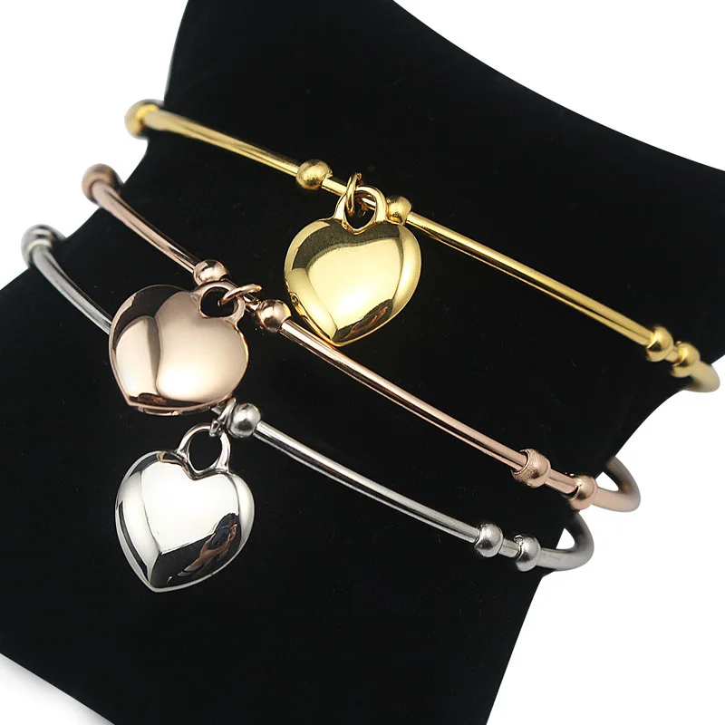 New Bangles design Stainless Steel Yellow Gold Bangle Bracelets Heart Charm Women Costume Jewellery High Quality|yellow gold bangle|design