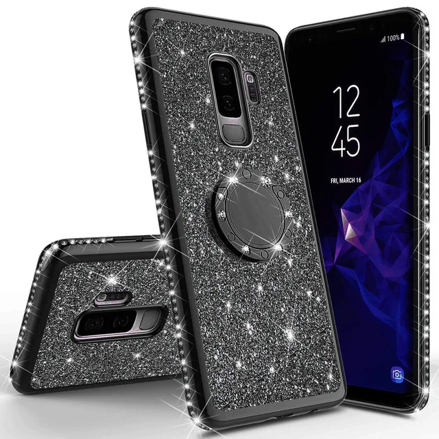 Black Сияющий блеск Магнитный чехол для samsung Galaxy S10 S10e S8 S9 плюс A5 A7 A6 A8 Note 8 9 Bling 360 кольцо задняя крышка - Цвет: Black