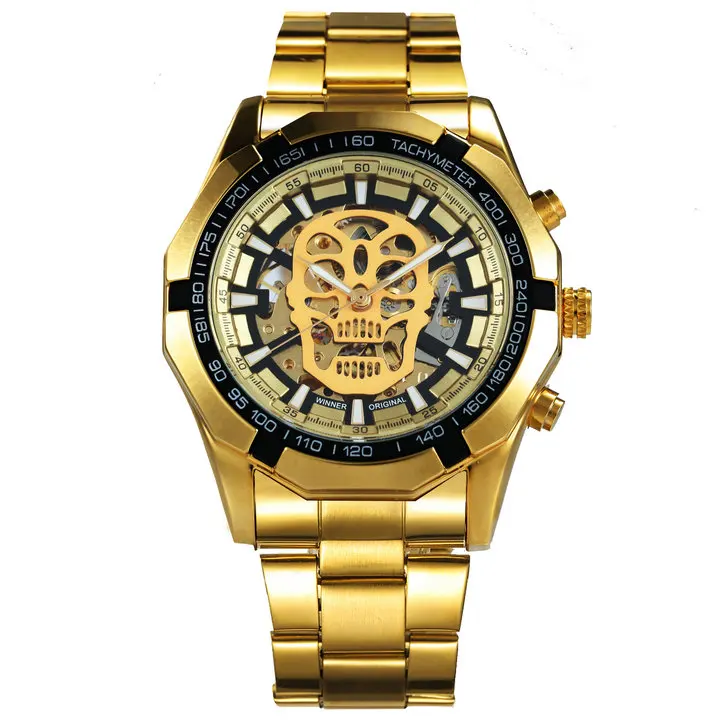 GOLDEN BLACK GOLD WINNER новые модные механические часы для мужчин череп дизайн лучший бренд класса люкс Золотой Нержавеющая сталь ремешок Скелет Человек Авто наручные часы - Цвет: GOLDEN BLACK GOLD