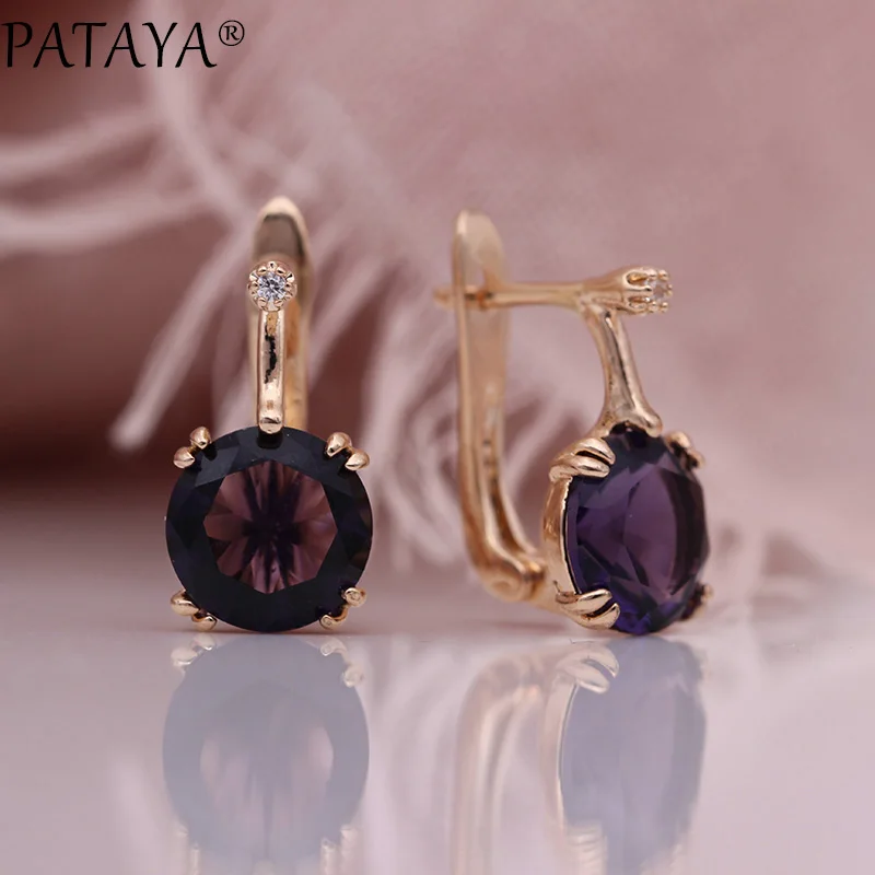 Purple Новые Женские Висячие серьги PATAYA, круглые градиентные синие серьги с натуральным цирконием, 585 цвета розового золота, свадебные ювелирные изделия - Окраска металла: Purple