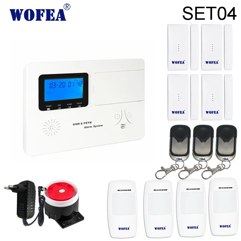 Set04 Wofea домашней безопасности PSTN+ GSM сигнализация с 99 беспроводной зоны, 4 проводной зоны ISO и android APP ЖК-дисплей голосовые подсказки - Цвет: Set04