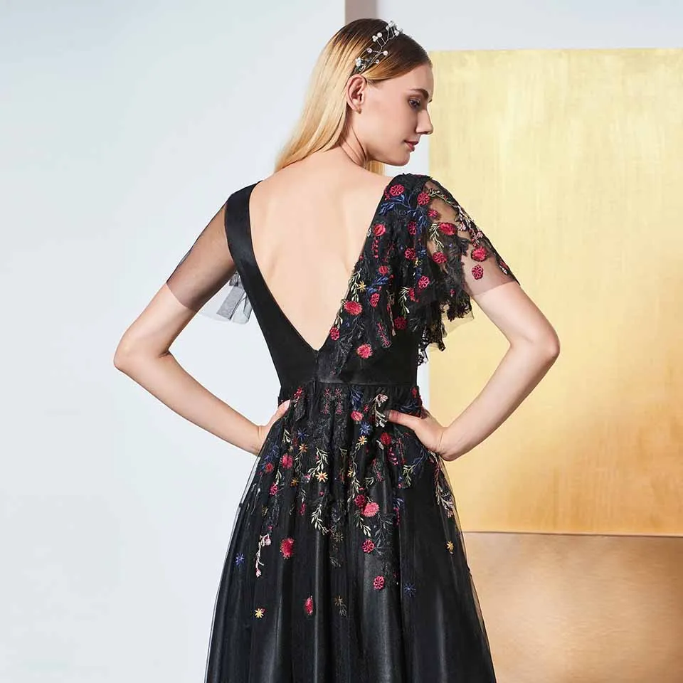 Dressv/Черное вечернее платье с v-образным вырезом короткими рукавами