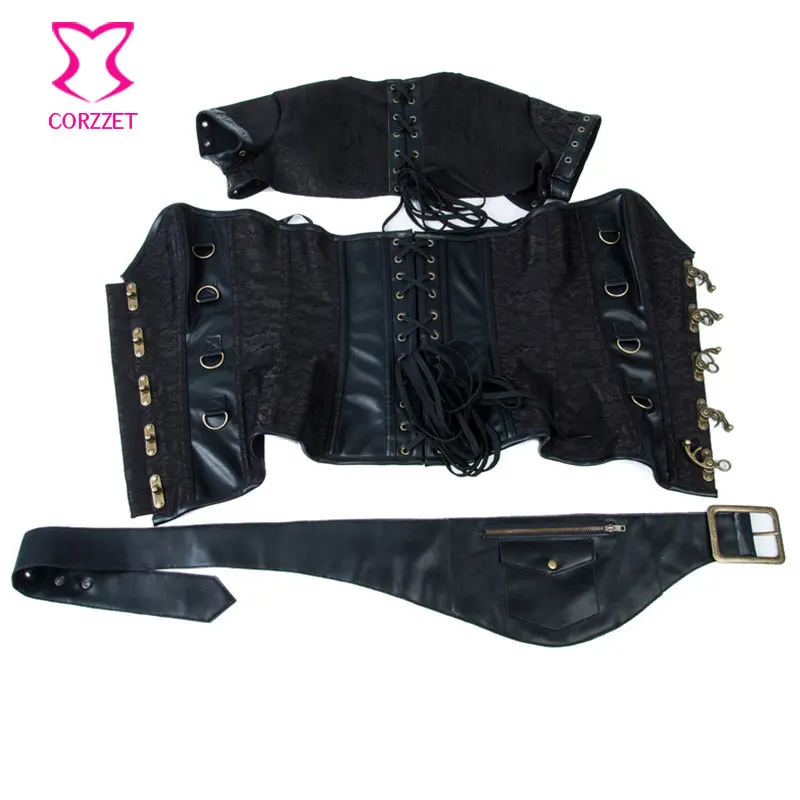 Винтажный Черный корсет из парчи и кожи большой размер корсетный в стиле